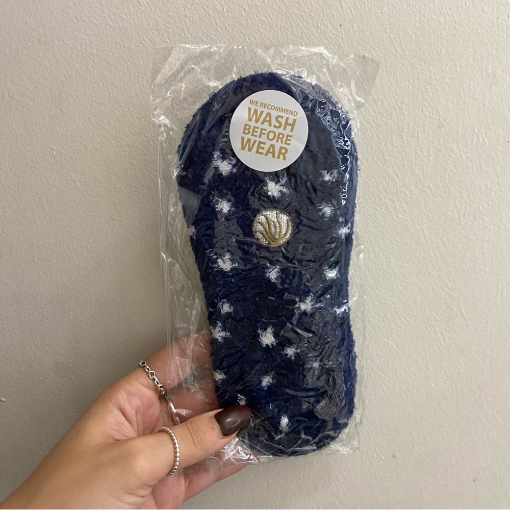 Navy Fuzzy Slippers with Embroidered Logo
